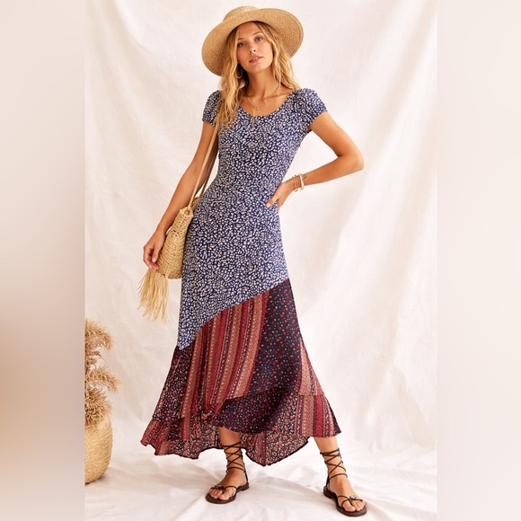 FREE PEOPLE Aurelia Asymmetrical Patchwork Maxi Dress Open Back Bohemian Cottage